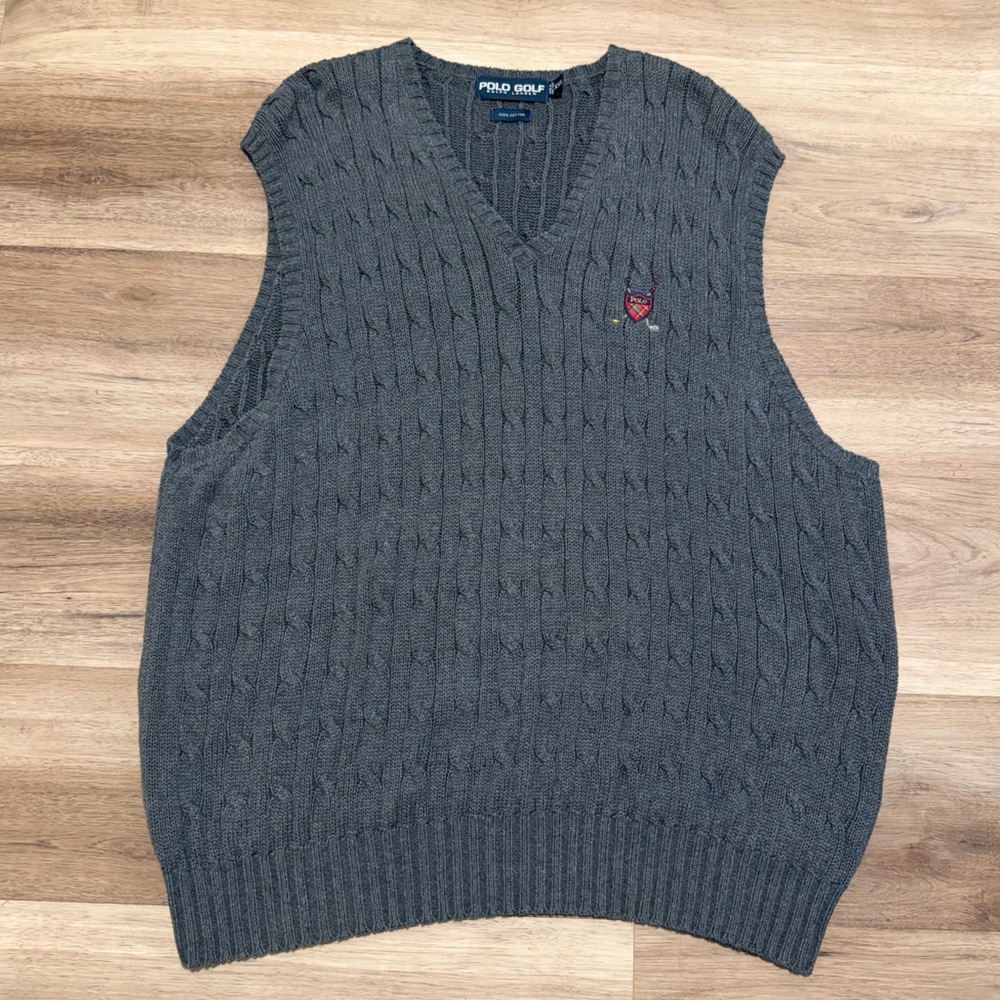 Vtg 90s Polo Ralph Lauren Men’s XXL Golf Cable Knit Sweater Vest Grey Preppy